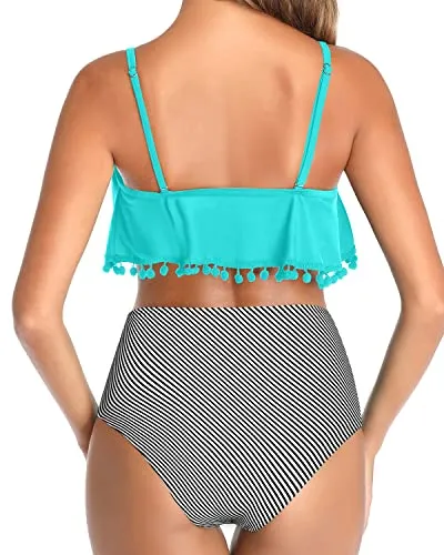 Adjustable Spaghetti Straps Two Piece Bikini Swimsuit-Aqua Stripe