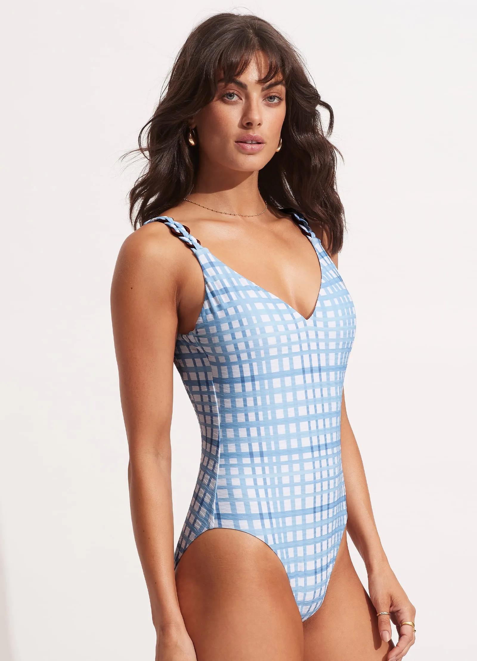 Amalfi Check V Neck One Piece - Amalfi Blue