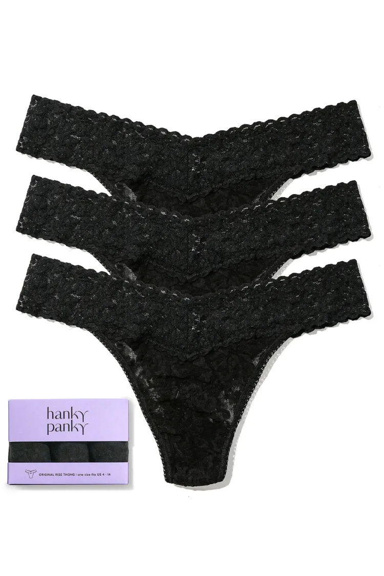 Ballerina 3-Pack Lace Thongs in Black