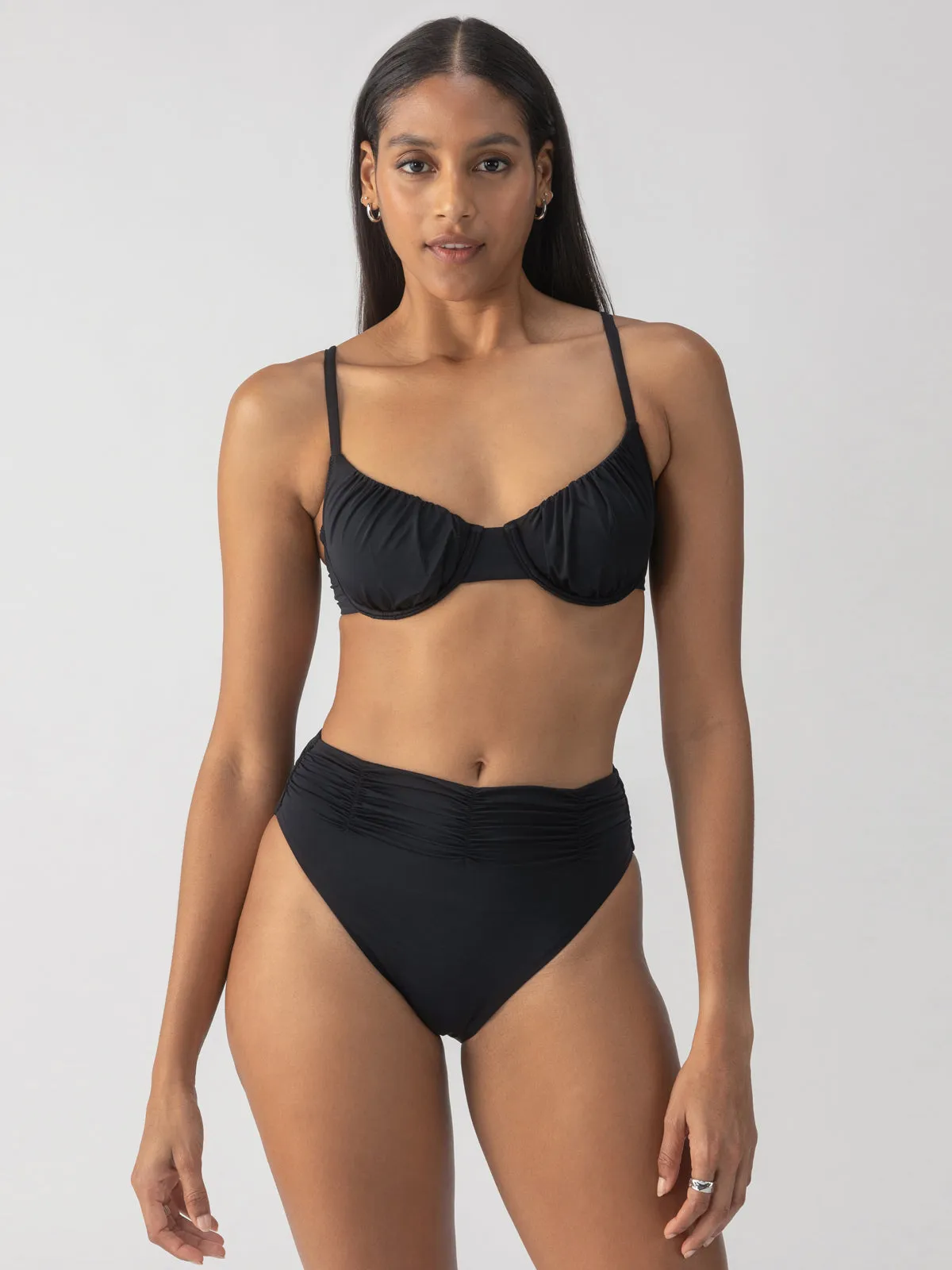 Beach Goddess Excess Shirr Waist Bikini Bottom Black
