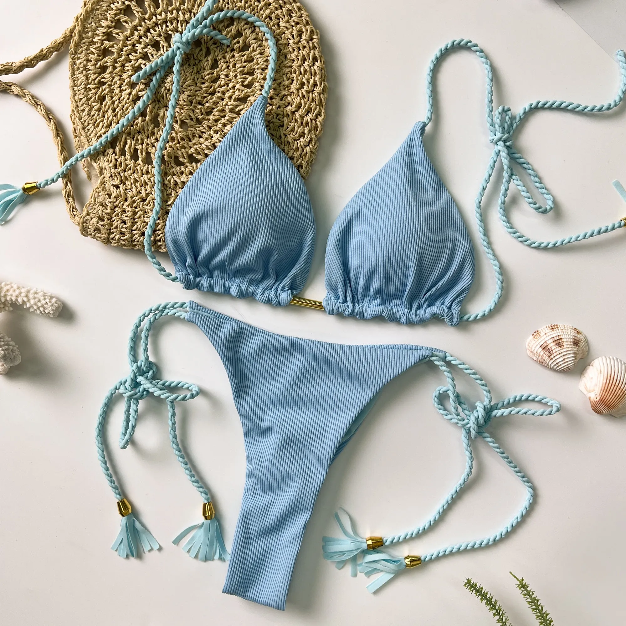 Blue Solid Lace Up Bikini Set