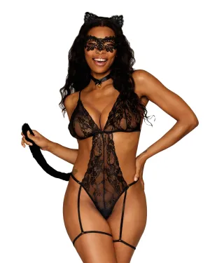 Dreamgirl Cat-Themed Lace Garter Teddy Bedroom Costume 4-Piece Set