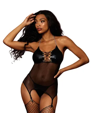 Dreamgirl Fetish Faux-Leather and Mesh Garert Slip and G-string
