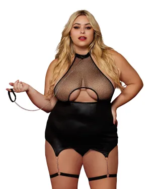 Dreamgirl Fetish Plus Size Stretch Faux-Leather and Fishnet Garter Slip and Leash Set
