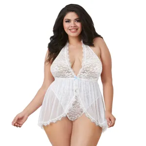Dreamgirl Lingerie Halter Plunge Stretch Neck Teddy White 11513X