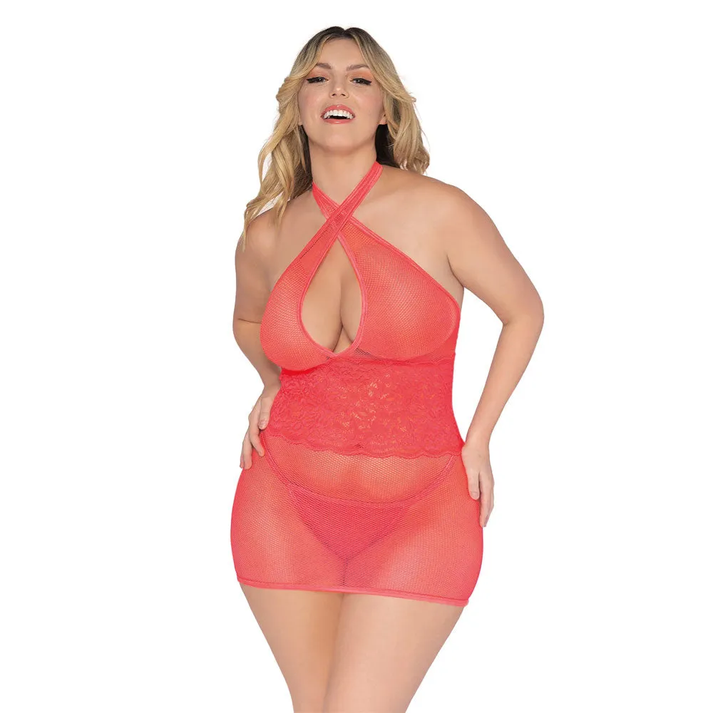 Dreamgirl Lingerie Plus Size Fishnet & Scalloped Lace Chemise with Back Neck Tie Coral 12606X