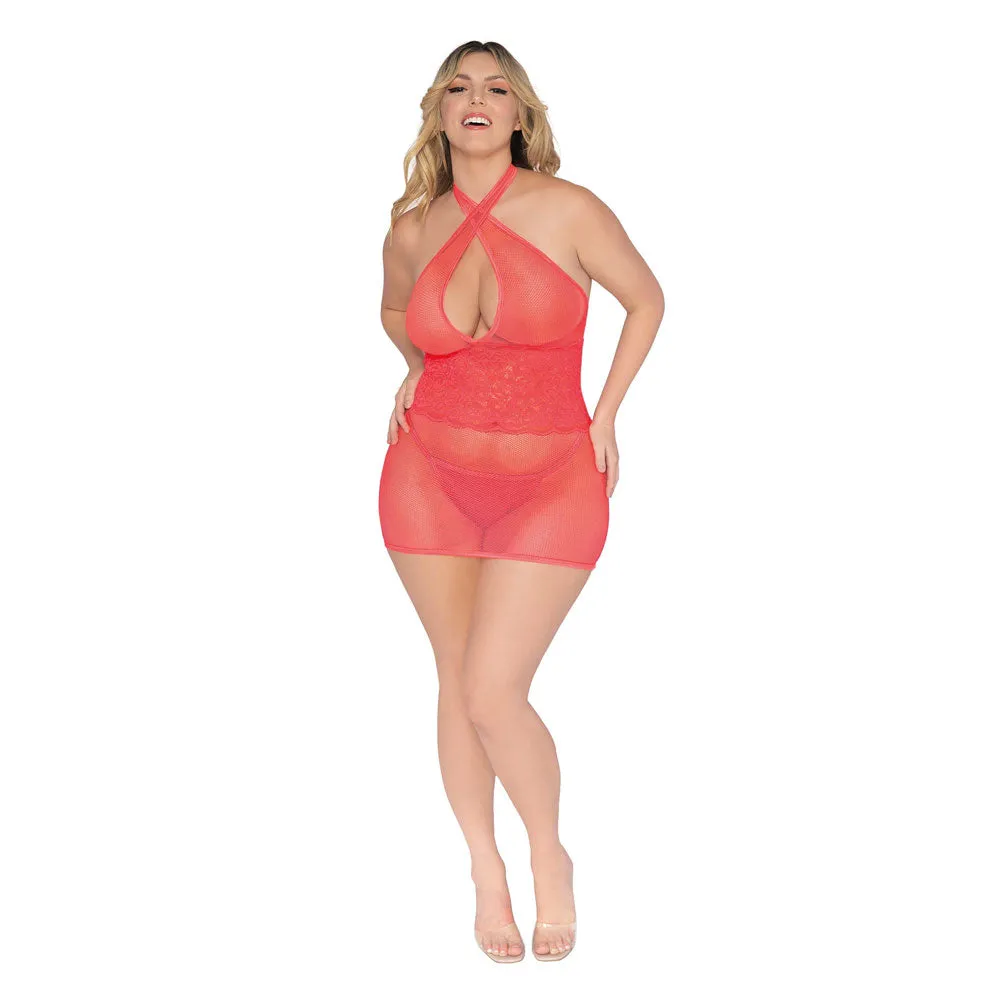 Dreamgirl Lingerie Plus Size Fishnet & Scalloped Lace Chemise with Back Neck Tie Coral 12606X