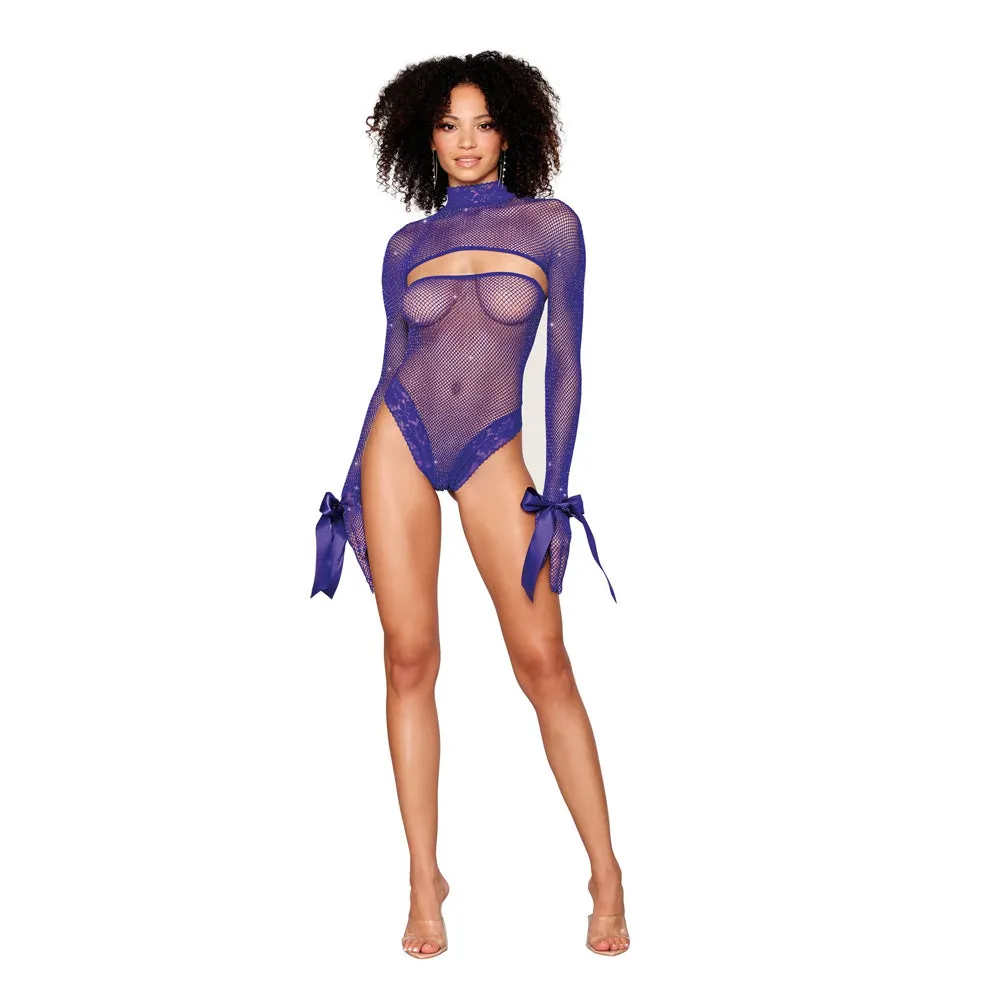 Dreamgirl Metallic Fishnet Seamless Teddy, Matching Shrug, Stretch Lace Trim 13073 - Violet