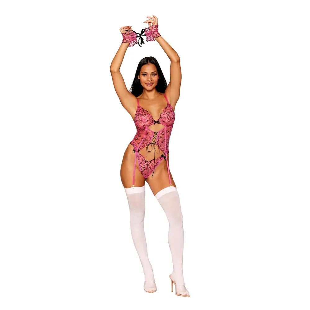 Dreamgirl Multicolored Heart Embroidered Bustier, G-string and Wrist Restraints Set 13092