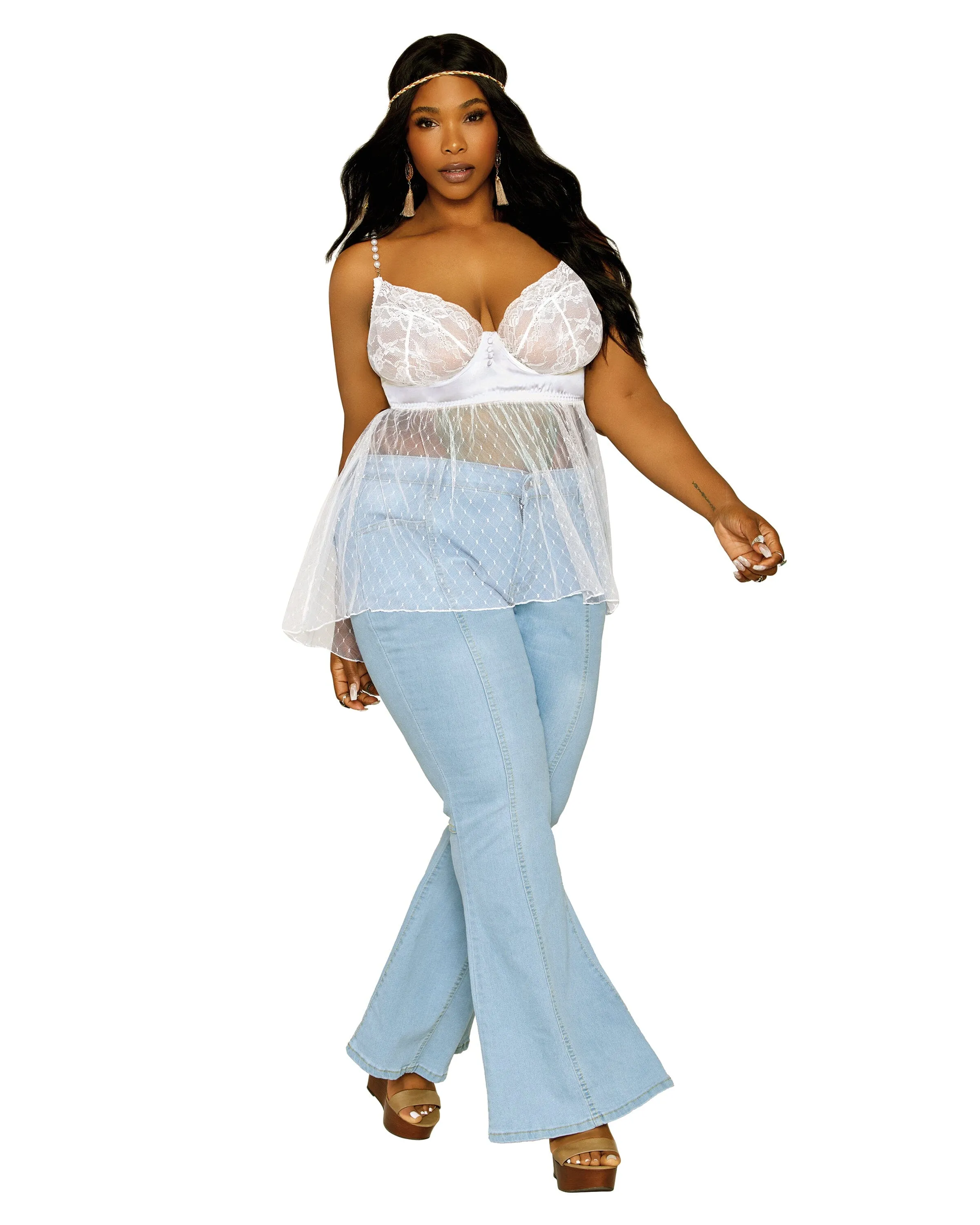Dreamgirl Plus Size Satin, Stretch Lace, and Diamond Mesh Babydoll and Panty Set