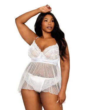 Dreamgirl Plus Size Satin, Stretch Lace, and Diamond Mesh Babydoll and Panty Set