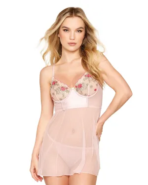 Dreamgirl Vintage Rose Embroidery, Satin and Mesh Babydoll and G-string