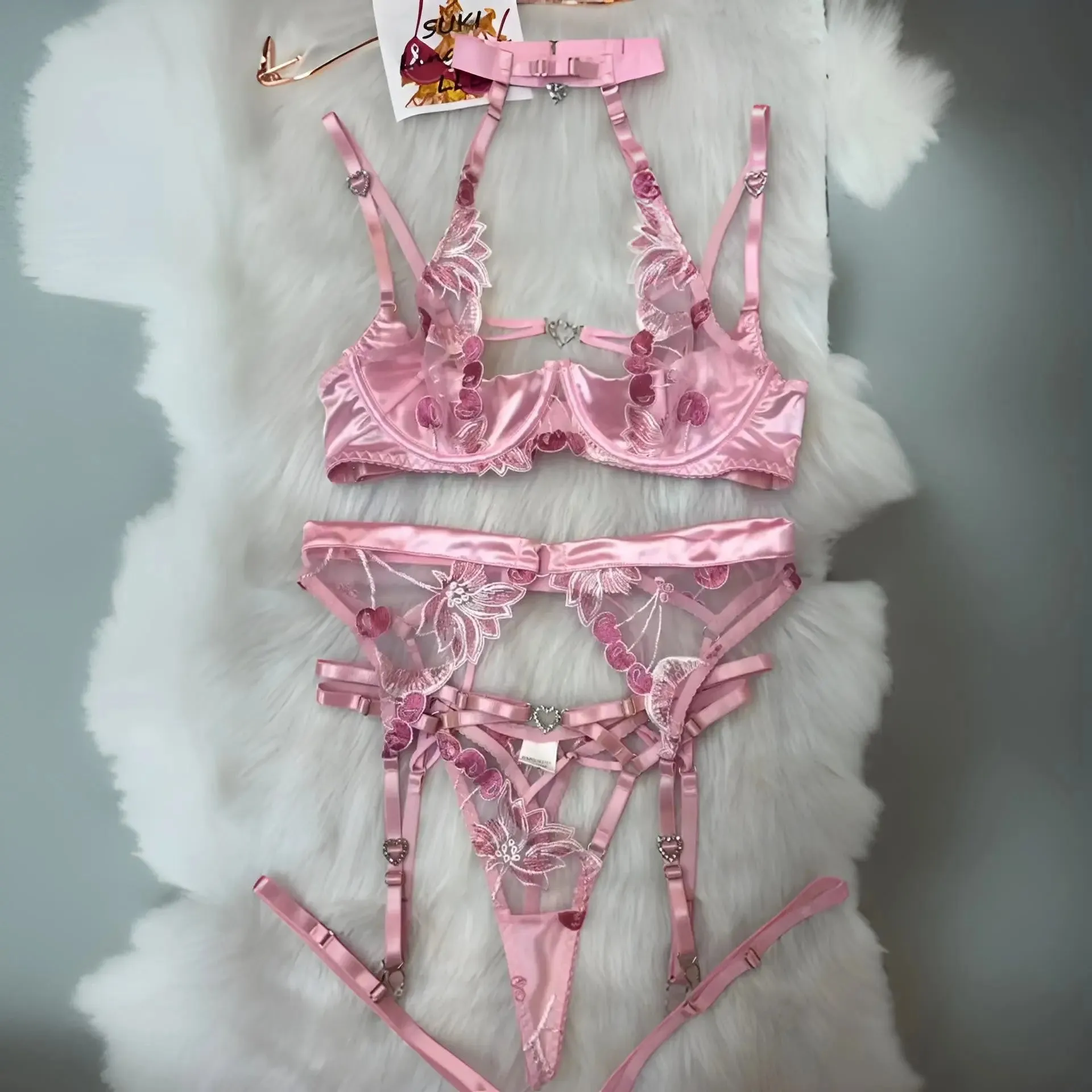 Fancy Lingerie Halter Bra Thongs Set