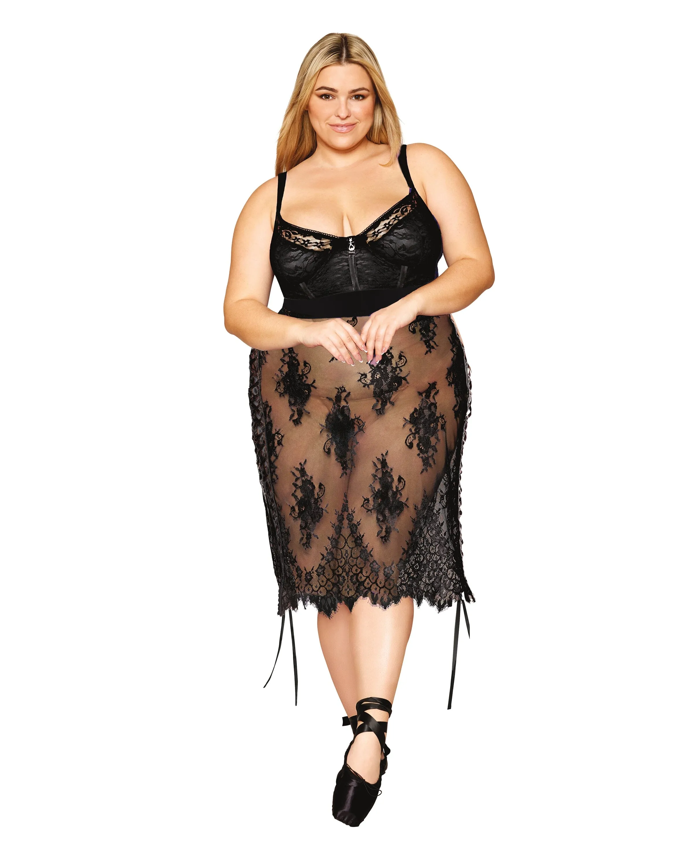 Floral Lace and Stretch Velvet Slip Chemise