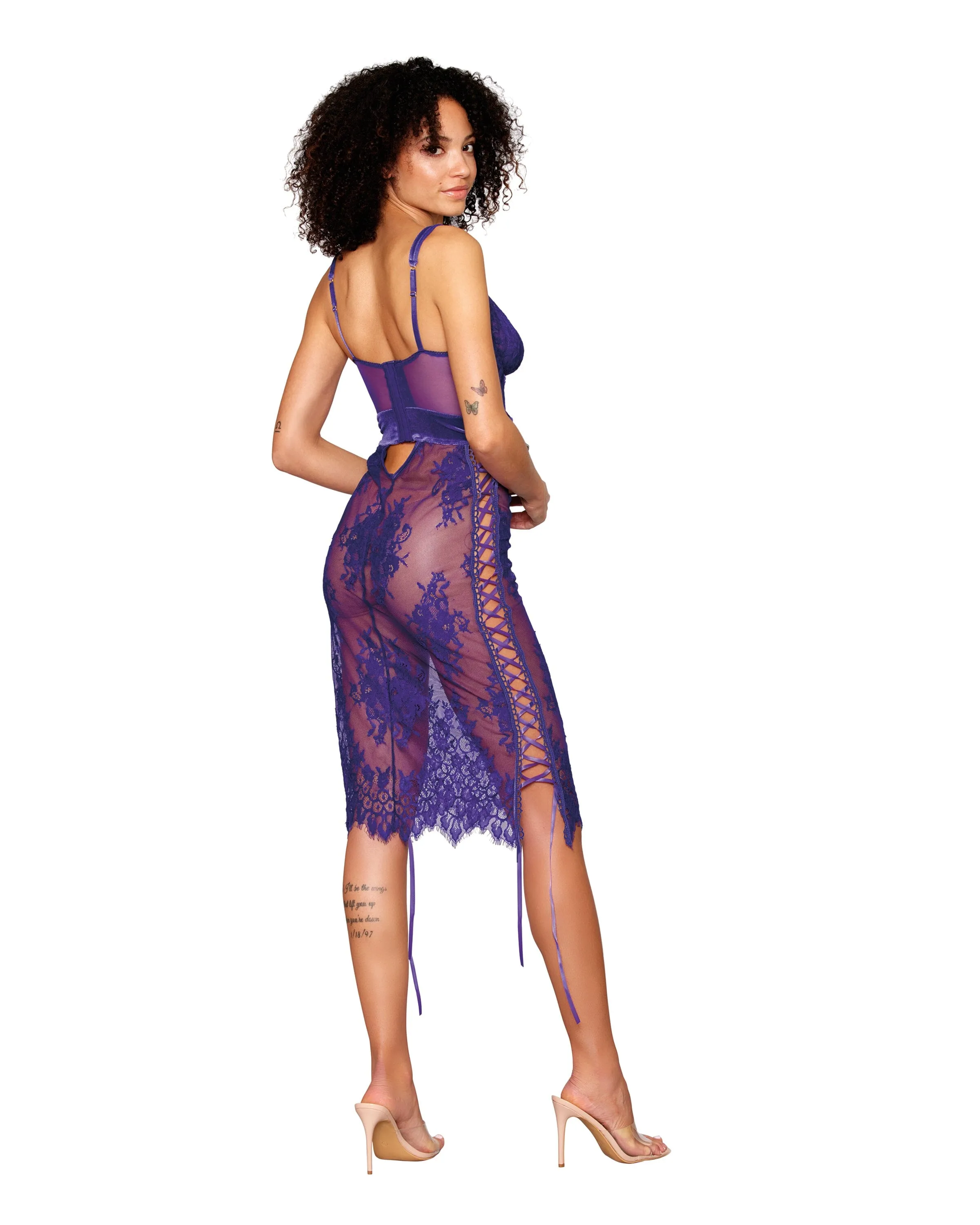 Floral Lace and Stretch Velvet Slip Chemise