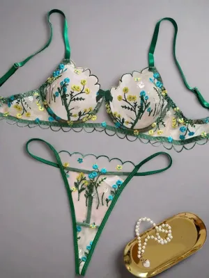 Floral Lingerie Set Women Embroidery Boho Bra Thong Intimates