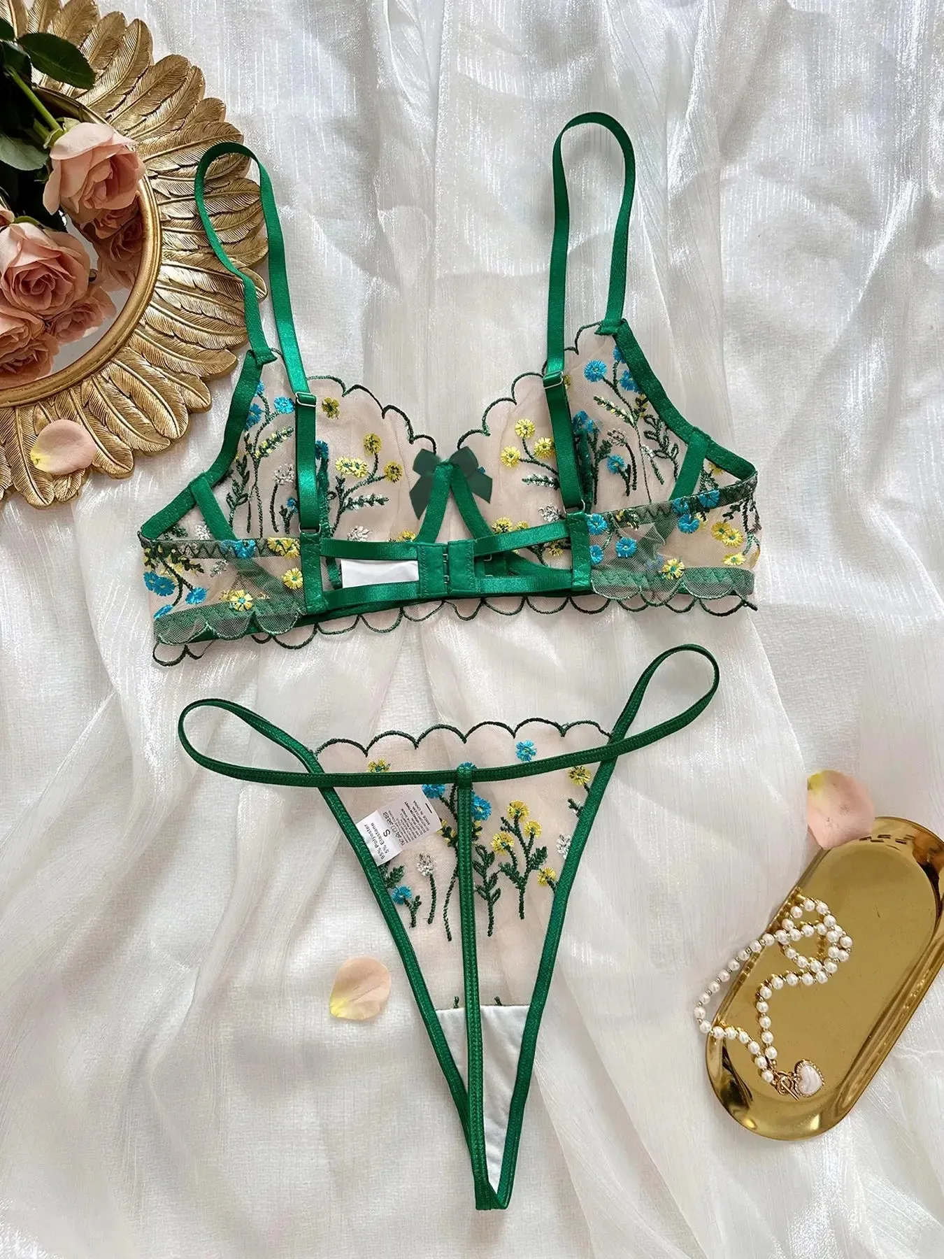 Floral Lingerie Set Women Embroidery Boho Bra Thong Intimates