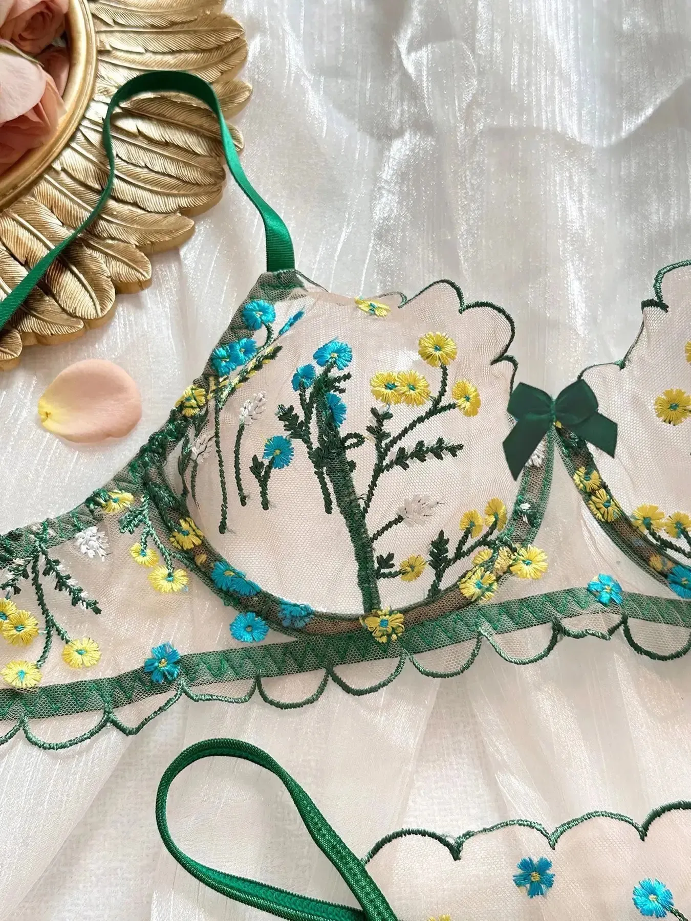 Floral Lingerie Set Women Embroidery Boho Bra Thong Intimates