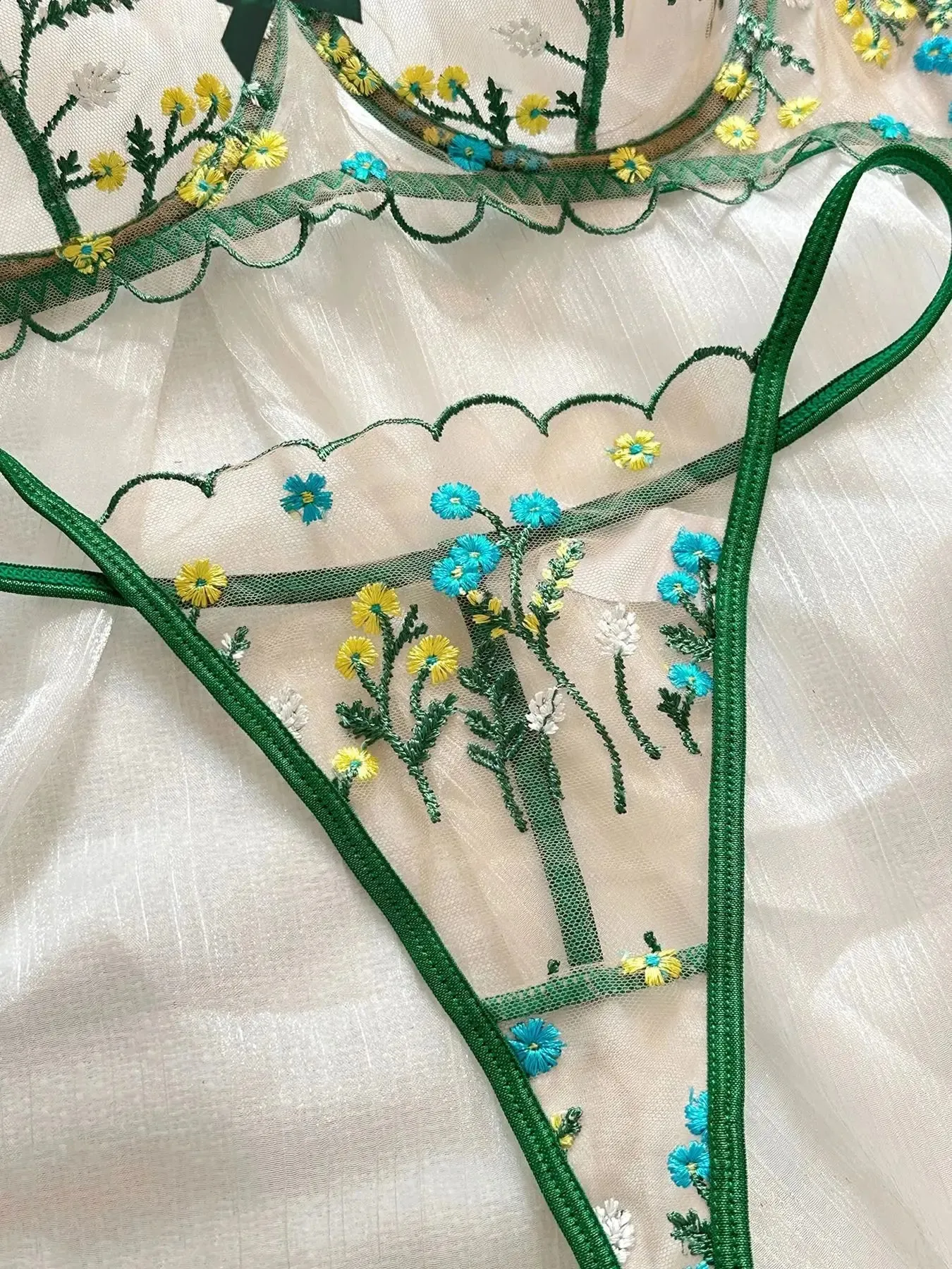Floral Lingerie Set Women Embroidery Boho Bra Thong Intimates