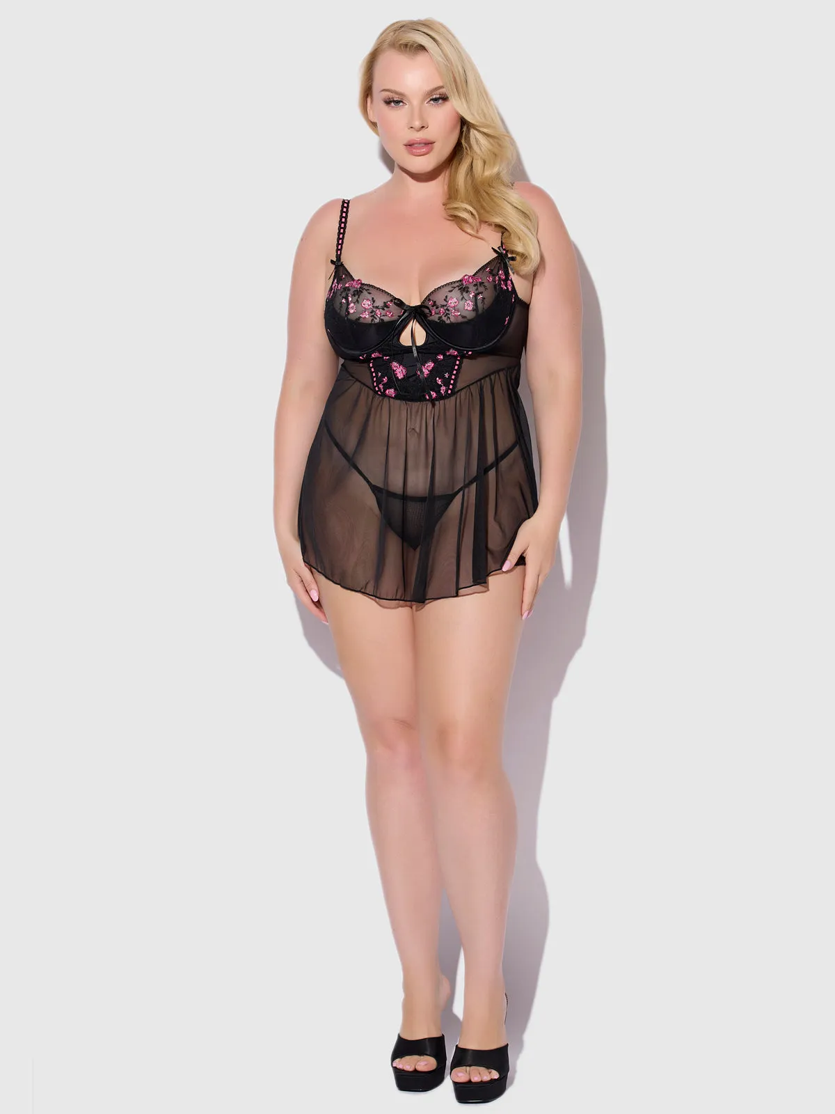 Harlow Embroidered Mesh & Elastic Longline Babydoll