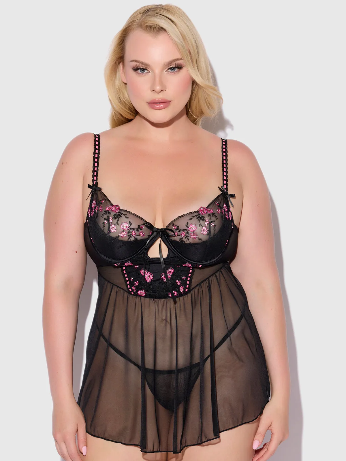Harlow Embroidered Mesh & Elastic Longline Babydoll