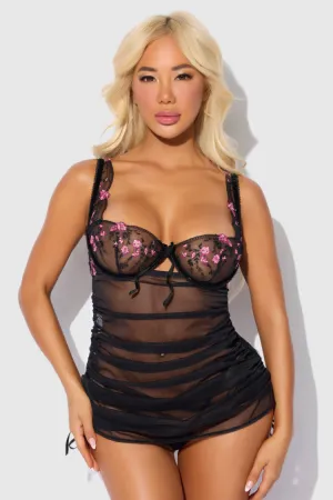 Harper Embroidered Mesh Chemise Set In Black & Pink