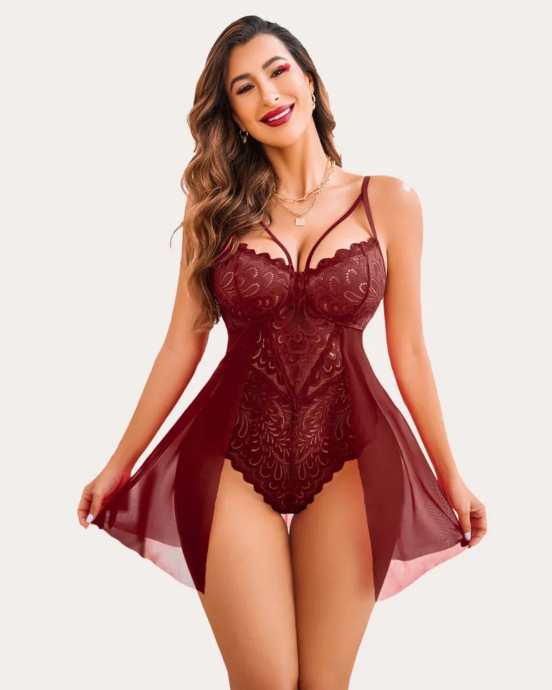 Heart Print Lace Snap Crotch Teddy