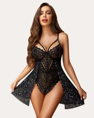 Heart Print Lace Snap Crotch Teddy