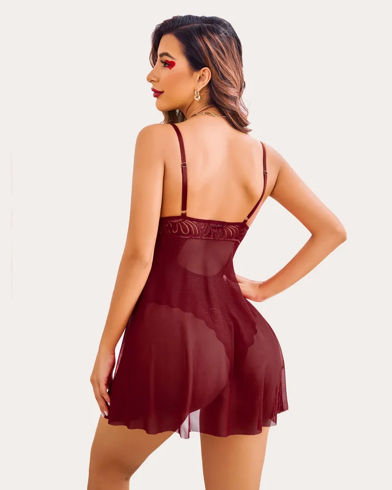 Heart Print Lace Snap Crotch Teddy