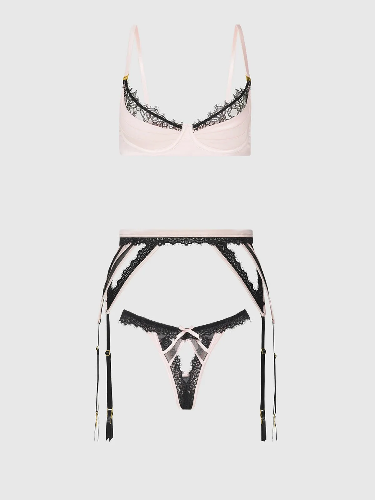 Jocelyn Satin & Lace Push Up Bra, Garter, & Tanga Set