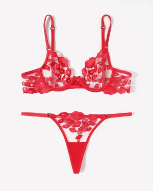 Kiss Print Embroidery Garter Lingerie Sets