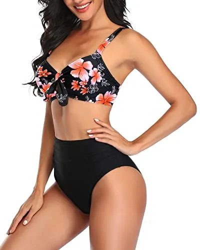 Knot Tie Bathing Suits Women Two Piece High Waisted Bikini Set-Pink Flower