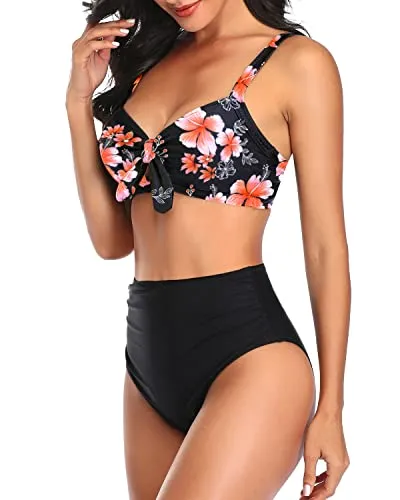 Knot Tie Bathing Suits Women Two Piece High Waisted Bikini Set-Pink Flower