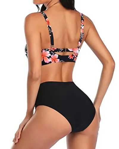 Knot Tie Bathing Suits Women Two Piece High Waisted Bikini Set-Pink Flower