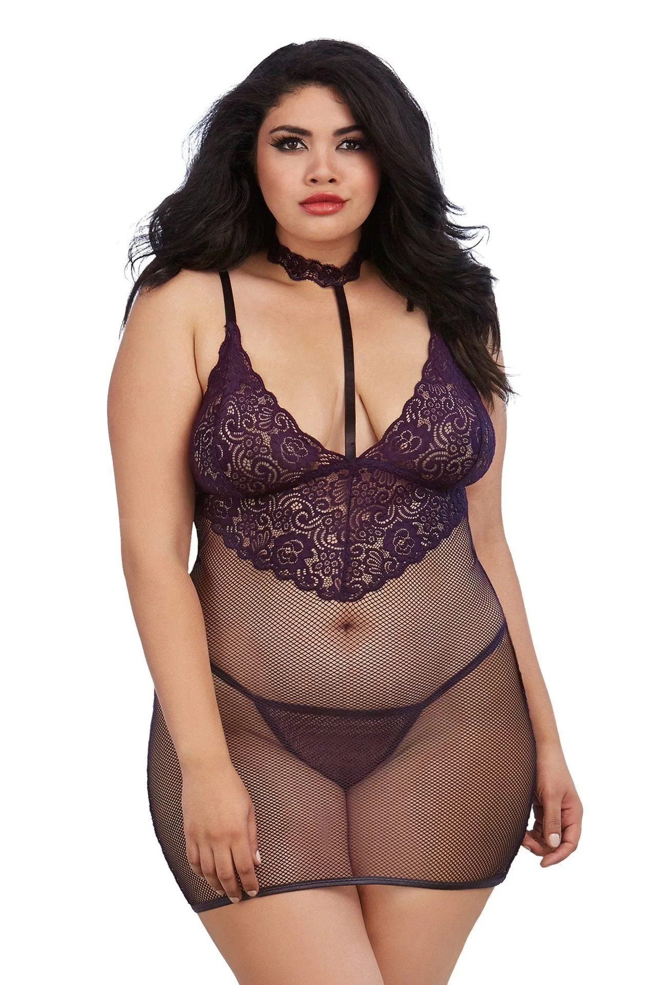 Lace and Fishnet Eggplant Chemise