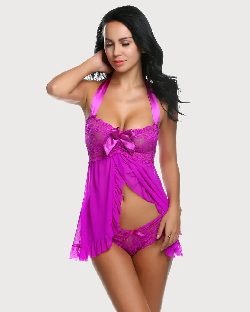 Leopard Open Front Halter Lace Babydolls