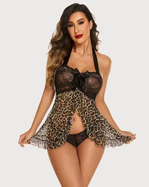 Leopard Open Front Halter Lace Babydolls