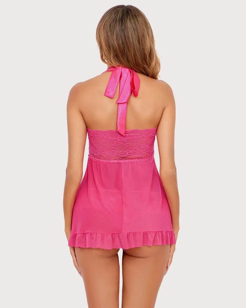 Leopard Open Front Halter Lace Babydolls