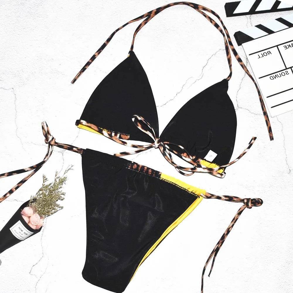 Leopard print stitching bikini split swimsuit