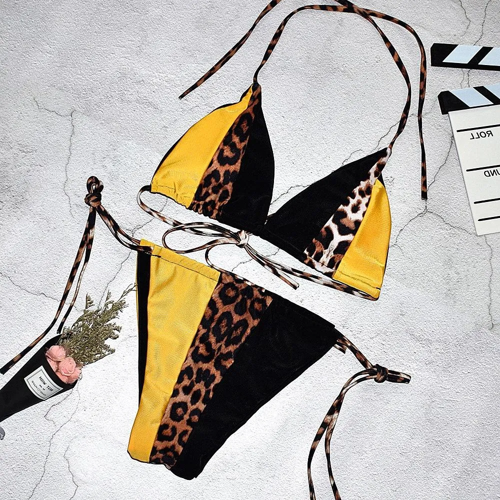 Leopard print stitching bikini split swimsuit