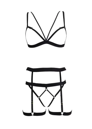 LINES Bra, Thong & Suspender Set (Black)