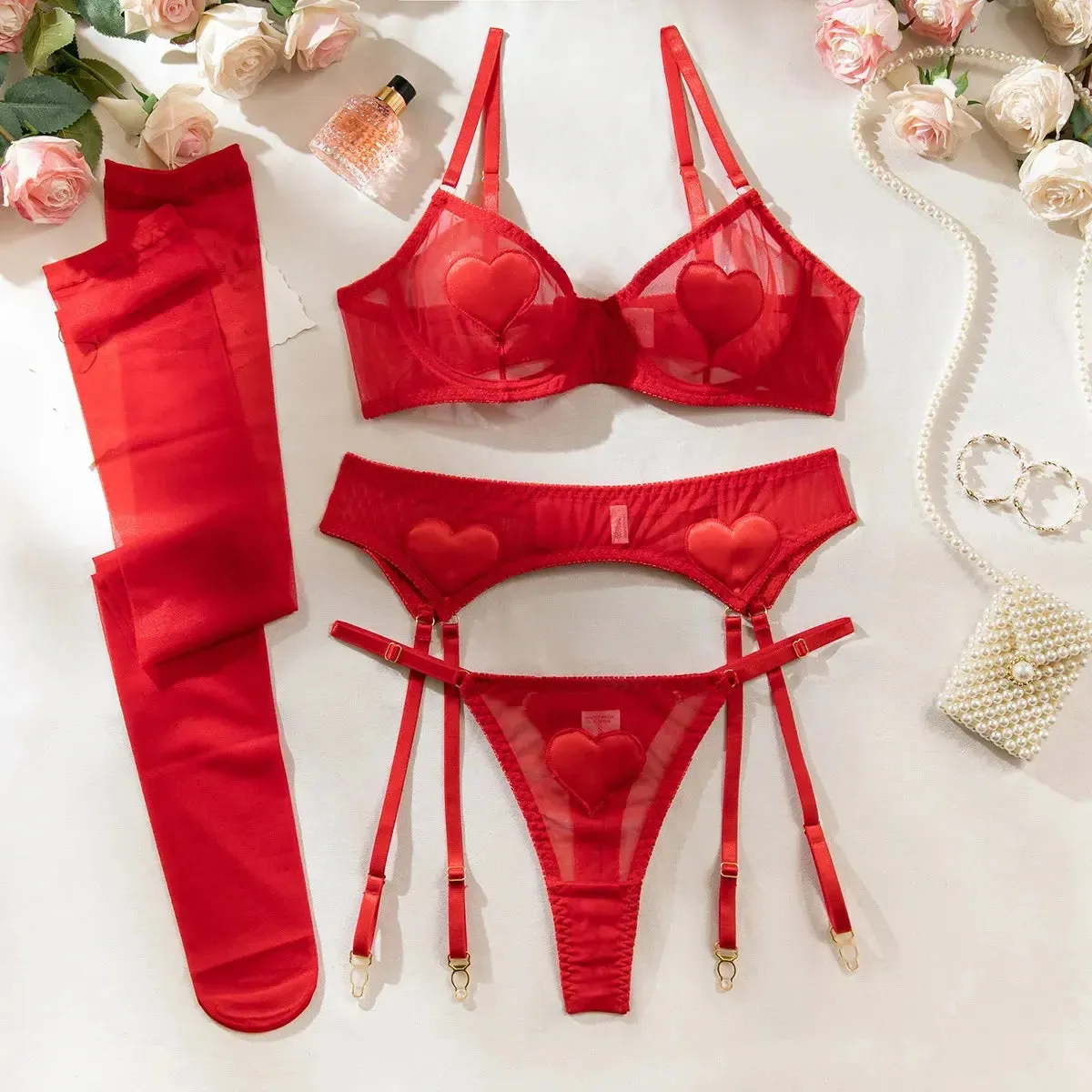 Love Heart Valentine Tulle Lingerie Set