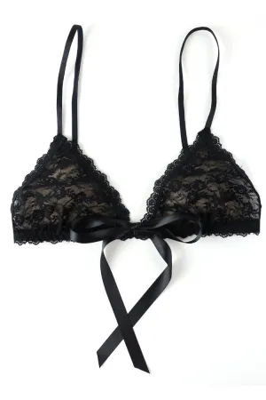 Lucy Lace & Satin Front Tie Bralette in Black