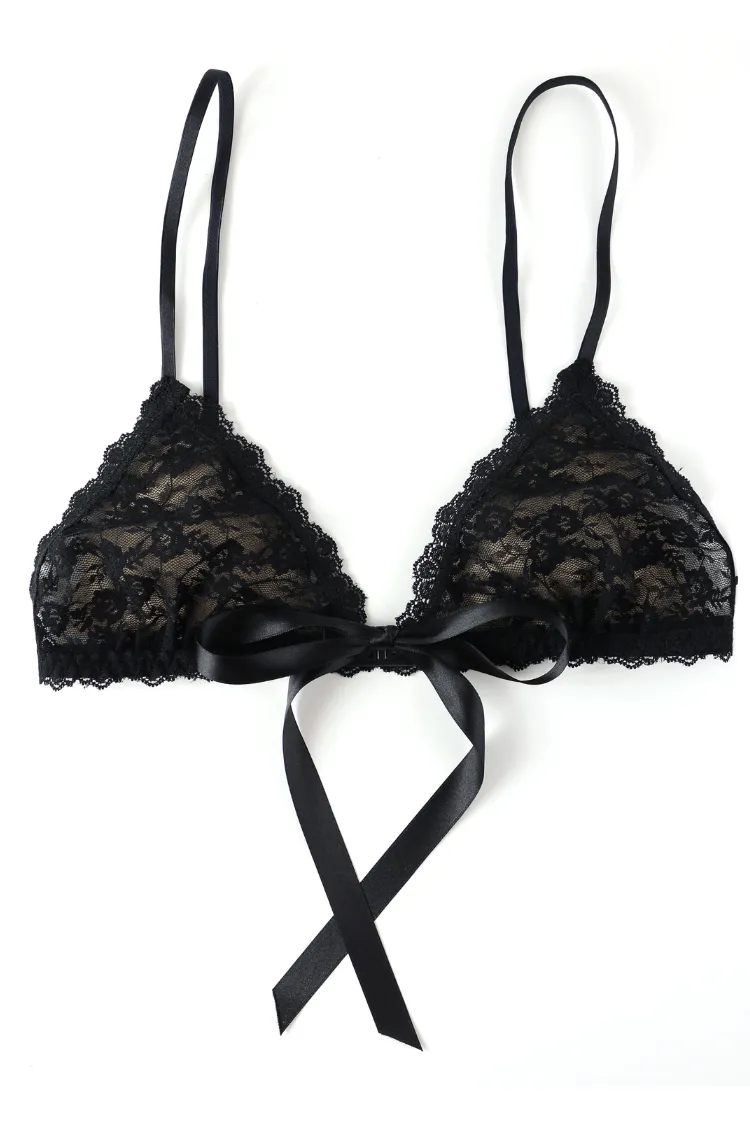 Lucy Lace & Satin Front Tie Bralette in Black