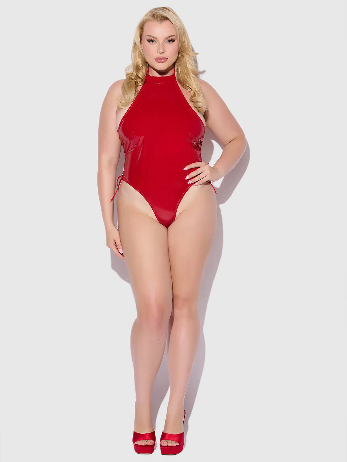 Phoenix Patent Grommet Lace Up Side Halter Neck Teddy