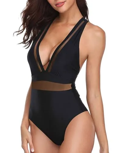 Plunge V-Neck Mesh One Piece Swimsuit