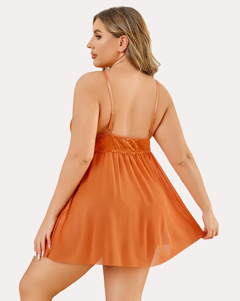 Plus Size Snap Crotch V Neck Lace Nighty