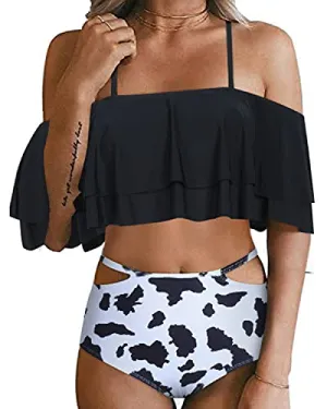 Removable Padded Off Shoulder Two Piece Bikini-Black And White Cow Pattern