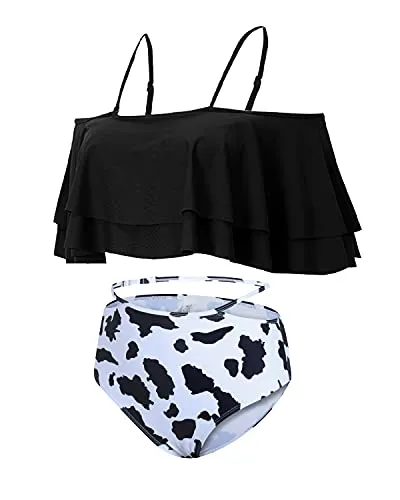 Removable Padded Off Shoulder Two Piece Bikini-Black And White Cow Pattern