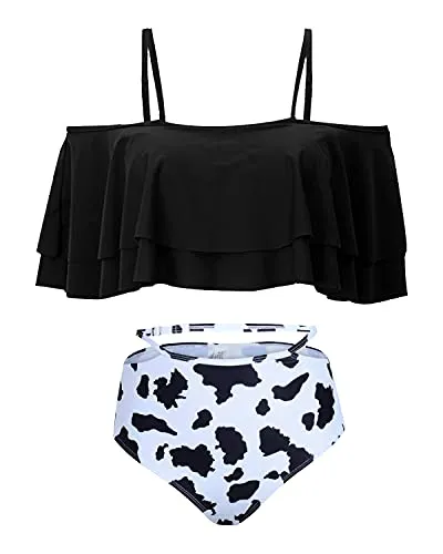 Removable Padded Off Shoulder Two Piece Bikini-Black And White Cow Pattern